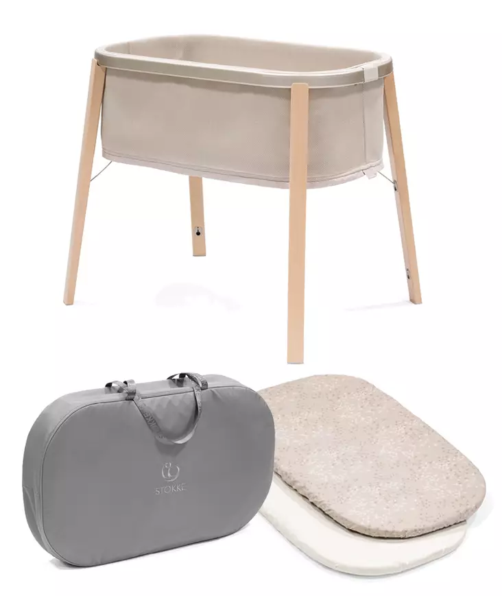 Stokke Snoozi sänky Sandy Beige ja muotolakanat sekä kuljetuslaukku. - Spjälsängar och barnsängar - 629601kamp2 - 1