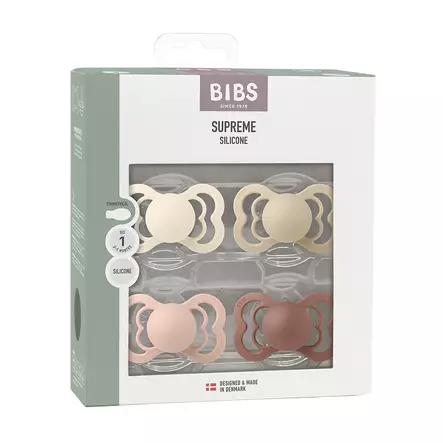 Bibs Supreme 4-pack silicone 0-6kk Ivory/Vanilla/Blush/Woodchuck pakkaus. - Nappar och napphållare - 160435 - 2