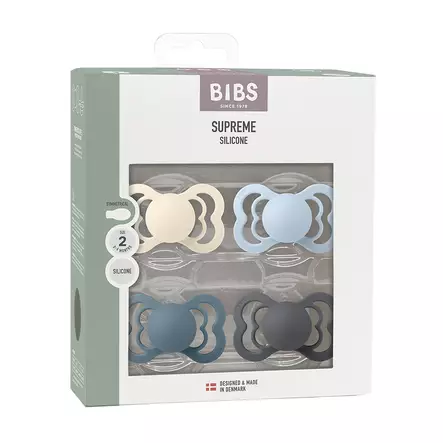 Bibs Supreme 4-pack silicone 6-18kk Ivory/Baby Blue/Petrol/Iron pakkaus. - Nappar och napphållare - 260436 - 2