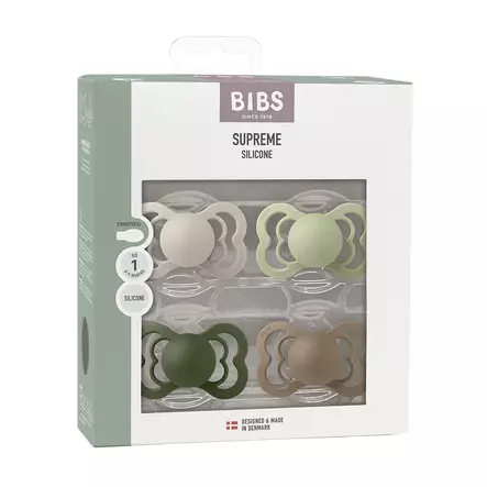 Bibs Supreme 4-pack silicone 0-6kk Sand/Sage/Hunter Green/Dark Oak pakkaus. - Nappar och napphållare - 160437 - 2