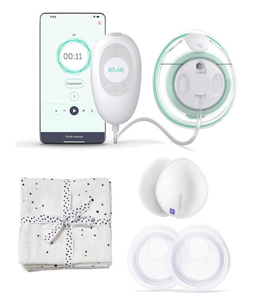 Paketissa on Elvie rintapumppu, maidonker=C3=A4=C3=A4j=C3=A4, pest=C3=A4=
v=C3=A4t liivinsuojat ja harsoliina. - Bröstpumpar - EB01-01-EUPAK - 1
